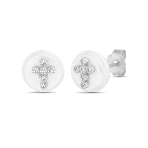 Sterling Silver Pearl CZ Cross Earrings