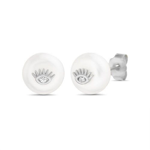 Sterling Silver CZ Evil Eye Pearl Earrings