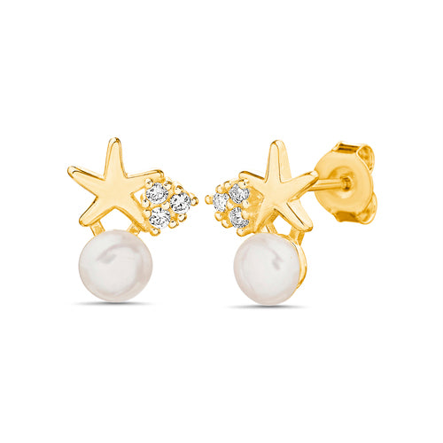 Sterling Silver Pearl CZ Star Stud Earrings