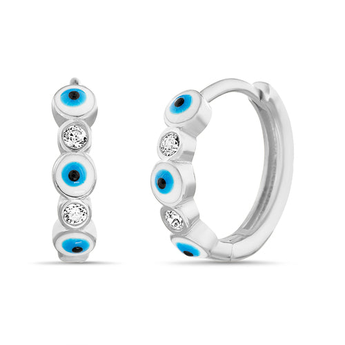 Sterling Silver CZ & Enamel Evil Eye Huggie Earrings