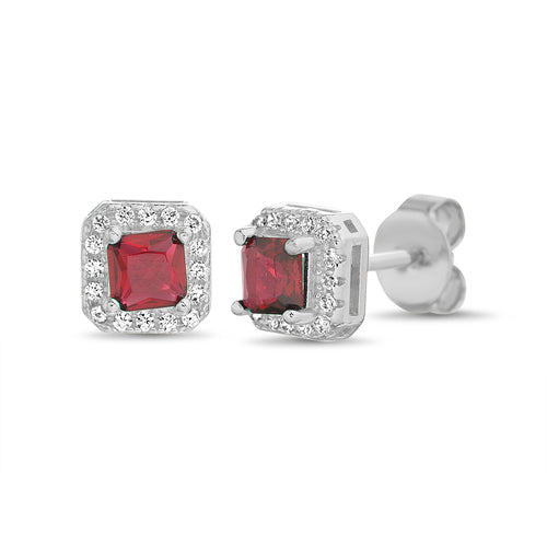 Sterling Silver Square Colored CZ W/ Halo Stud Earrings