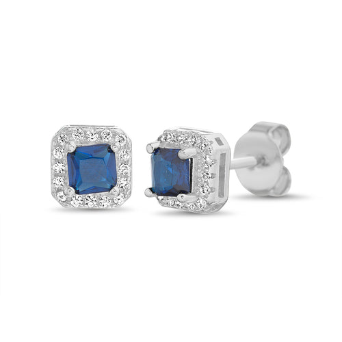 Sterling Silver Square Colored CZ W/ Halo Stud Earrings
