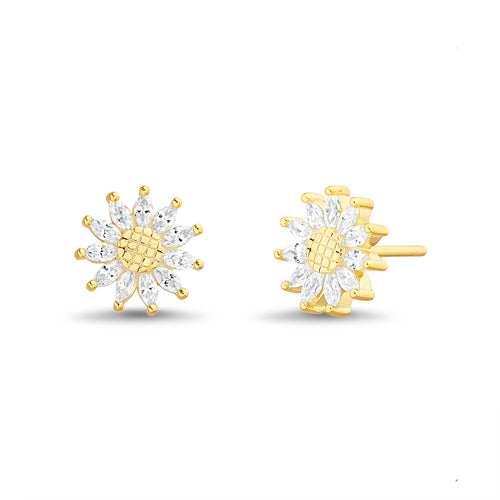 Sterling Silver CZ Sunflower Stud Earrings