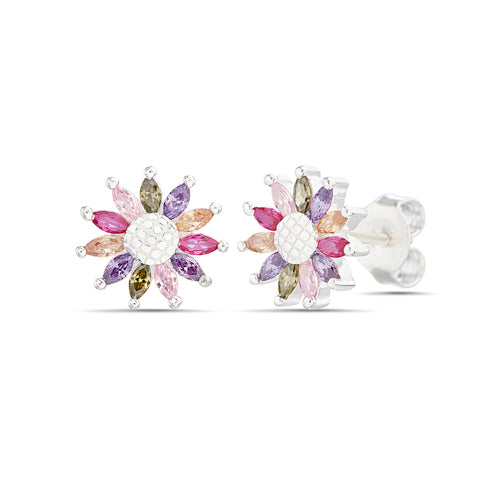 Sterling Silver Multi-Color CZ Flower Stud Earrings