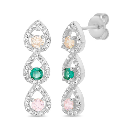 Sterling Silver Multi-Color CZ 3 Teardrop Dangling Earrings