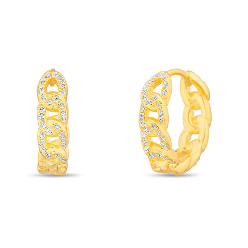 Sterling Silver CZ Cuban Link Small Huggie Hoop Earrings