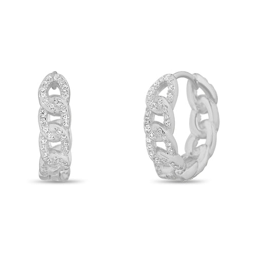 Sterling Silver CZ Cuban Link Small Huggie Hoop Earrings