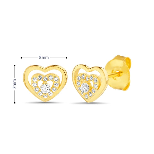 Sterling Silver Gold Plated CZ Heart Stud Earrings