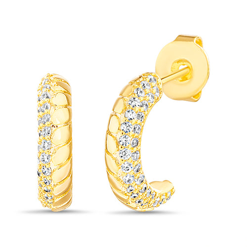 Sterling Silver Half CZ Half Rope C Hoop Post Earrings