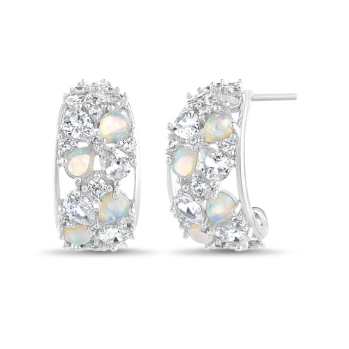 Sterling Silver CZ/Blue Opal Fancy Post Huggie Earrings