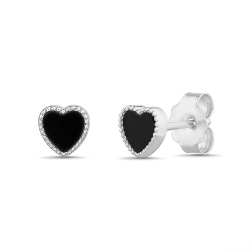 Sterling Silver Black Onyx Tiny Heart Rope Trim Stud Earrings