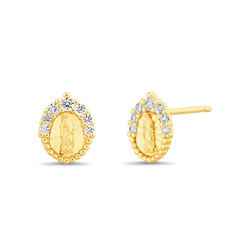 Sterling Silver Diamond Cut CZ Virgin Mary Stud Earrings