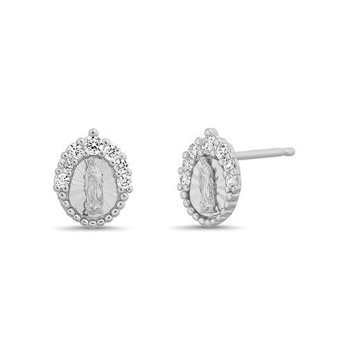 Sterling Silver Diamond Cut CZ Virgin Mary Stud Earrings