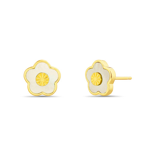 Sterling Silver Enamel Flower Diamond Cut Center Stud Earrings