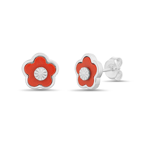Sterling Silver Enamel Flower Diamond Cut Center Stud Earrings