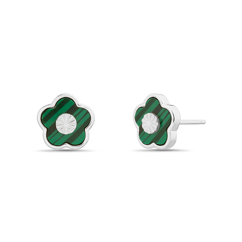 Sterling Silver Enamel Flower Diamond Cut Center Stud Earrings