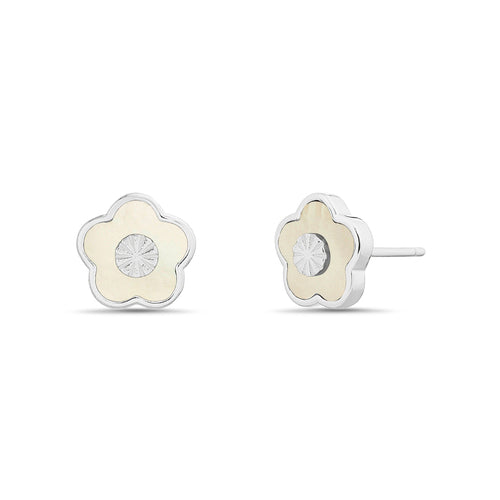 Sterling Silver Enamel Flower Diamond Cut Center Stud Earrings