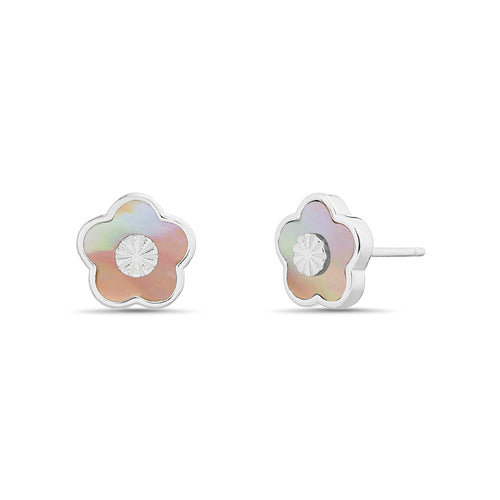 Sterling Silver Enamel Flower Diamond Cut Center Stud Earrings