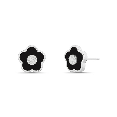 Sterling Silver Enamel Flower Diamond Cut Center Stud Earrings