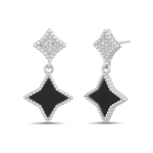 Sterling Silver CZ Enamel Diamond Shape Dangling Earrings