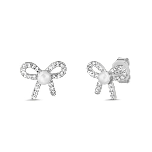 Sterling Silver CZ Bow Pearl Center Stud Earrings