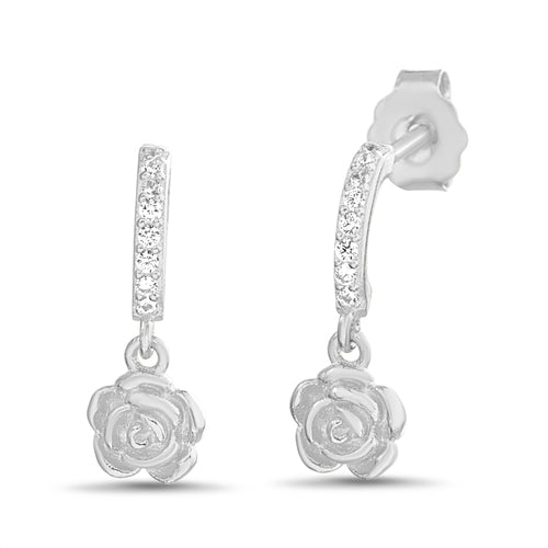 Sterling Silver CZ Dangling Rose Post Earrings