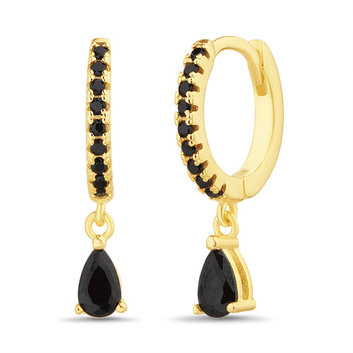 Sterling Silver Gold Plated Black CZ Dangling Pear Huggie Earrings