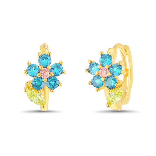 Sterling Silver Gold Plated Multicolor CZ Flower Huggie Hoop Earrings