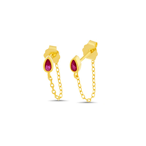 Sterling Silver Gold Plated Dainty Ruby Pink Pear CZ Dangling Chain Earrings