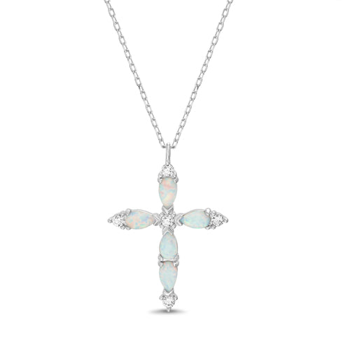 Sterling Silver CZ White Opal Cross Necklace