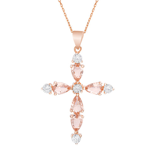 Sterling Silver Rose Gold Morganite/Clear CZ Cross Necklace
