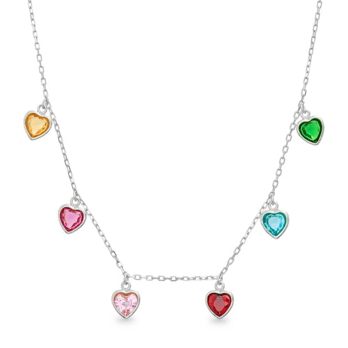Sterling Silver Multi-Colored CZ Heart Station Necklace