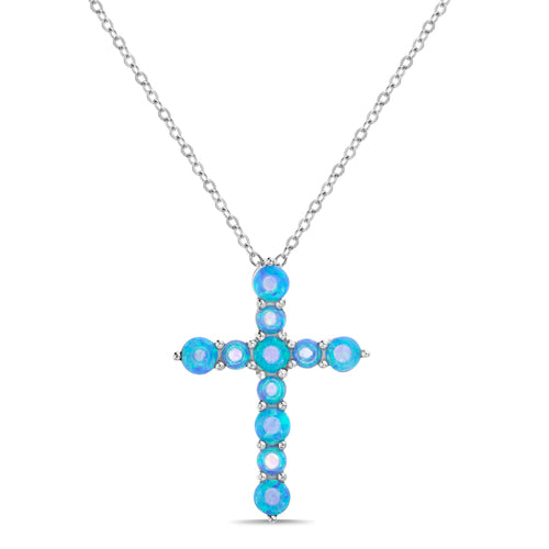 Sterling Silver Blue Opal & CZ Cross Necklace
