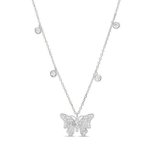 Sterling Silver Butterfly W/ Round Bezel CZ Station Necklace