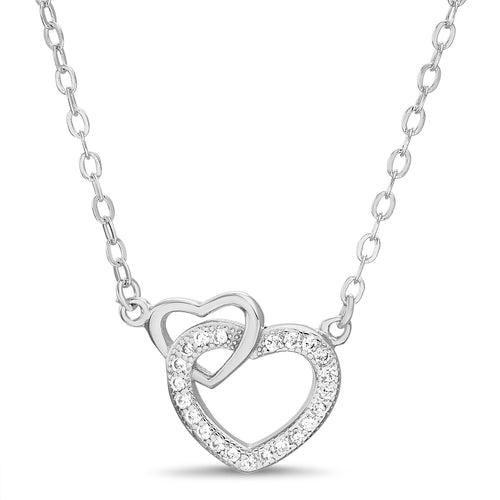 Sterling Silver Interlocking Plain & CZ Heart Necklace