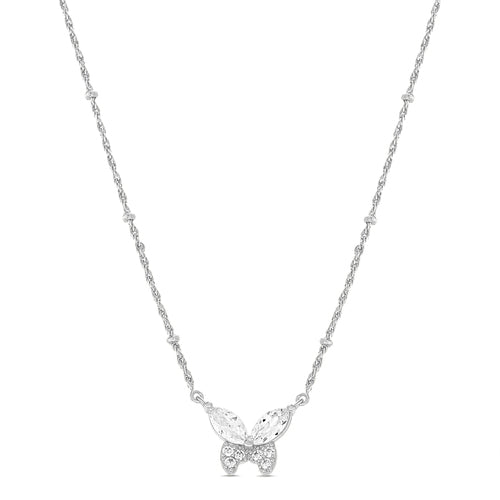 Sterling Silver CZ Butterfly Rhodium Stationary Beaded Curb Chain Necklace