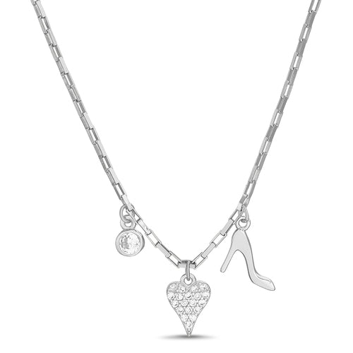 Sterling Silver CZ Bezel Heart & Heels Necklace