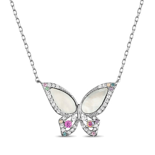Sterling Silver Multi-Color CZ & Mother Of Pearl Butterfly Necklace