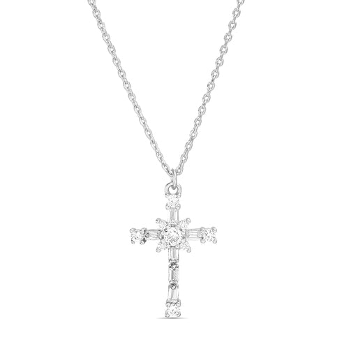 Sterling Silver Baguette CZ Cross Necklace