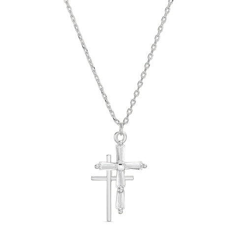 Sterling Silver Double Solid & Baguette CZ Cross Necklace