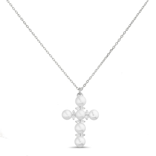 Sterling Silver Pearl & CZ Cross Necklace