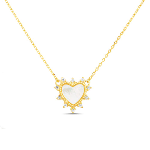 Sterling Silver CZ Spikes Mother Of Pearl Heart Necklace