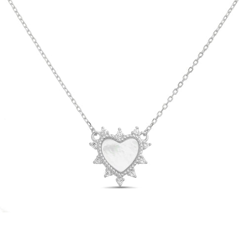 Sterling Silver CZ Spikes Mother Of Pearl Heart Necklace