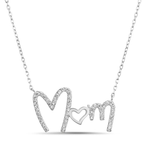 Sterling Silver CZ "MOM" Heart Necklace