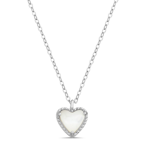 Sterling Silver Mother Of Pearl Beaded Edge Heart Necklace