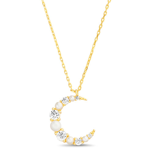 Sterling Silver Alternating Pearl/CZ Crescent Moon & Star Necklace