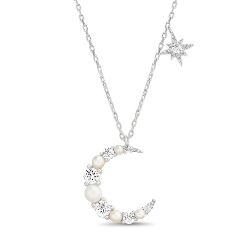 Sterling Silver Alternating Pearl/CZ Crescent Moon & Star Necklace