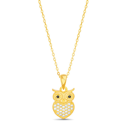Sterling Silver CZ Black Eyed Owl Necklace