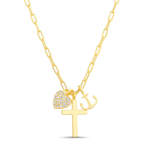 Sterling Silver CZ Heart, Cross, and Anchor Paperclip Necklace