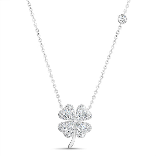 Sterling Silver CZ Four Leaf Clover Shamrock Adjustable Necklace